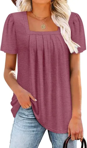 BETTE BOUTIK Womens Summer Tops Short Sleeve Pleated Square Neck Tunics Shirts Blouses S-3XL