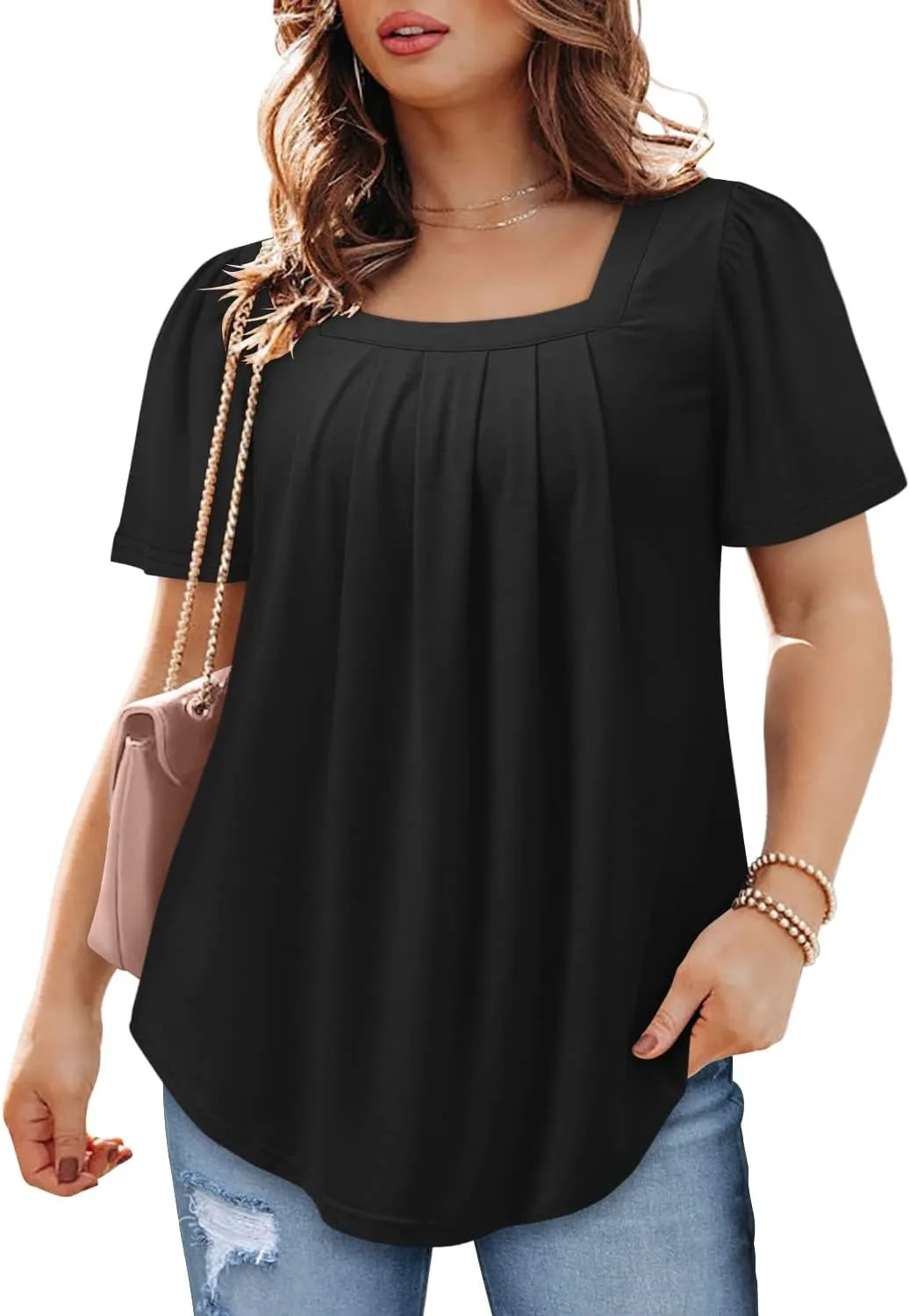 BETTE BOUTIK Womens Summer Tops Short Sleeve Pleated Square Neck Tunics Shirts Blouses S-3XL