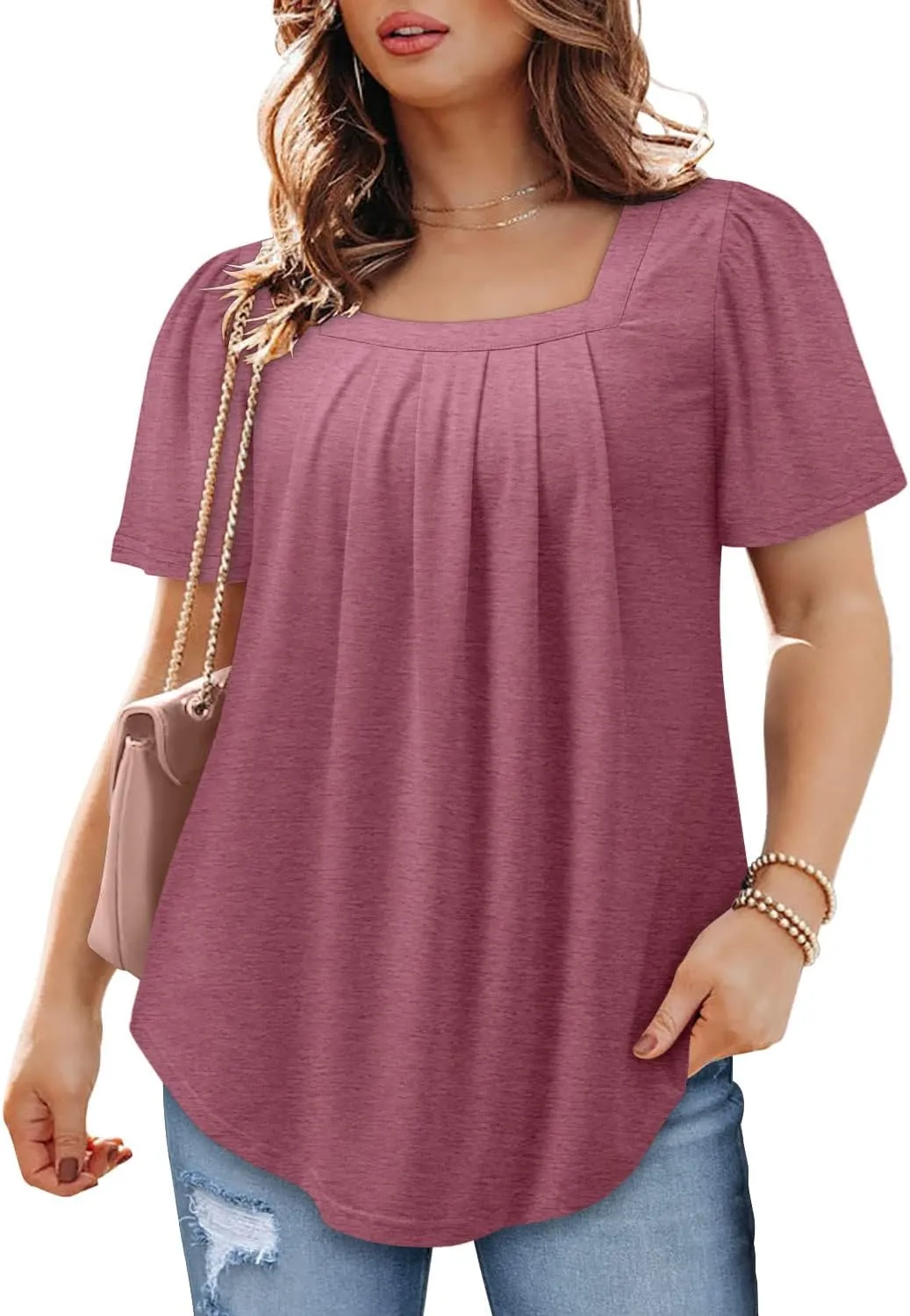 BETTE BOUTIK Womens Summer Tops Short Sleeve Pleated Square Neck Tunics Shirts Blouses S-3XL