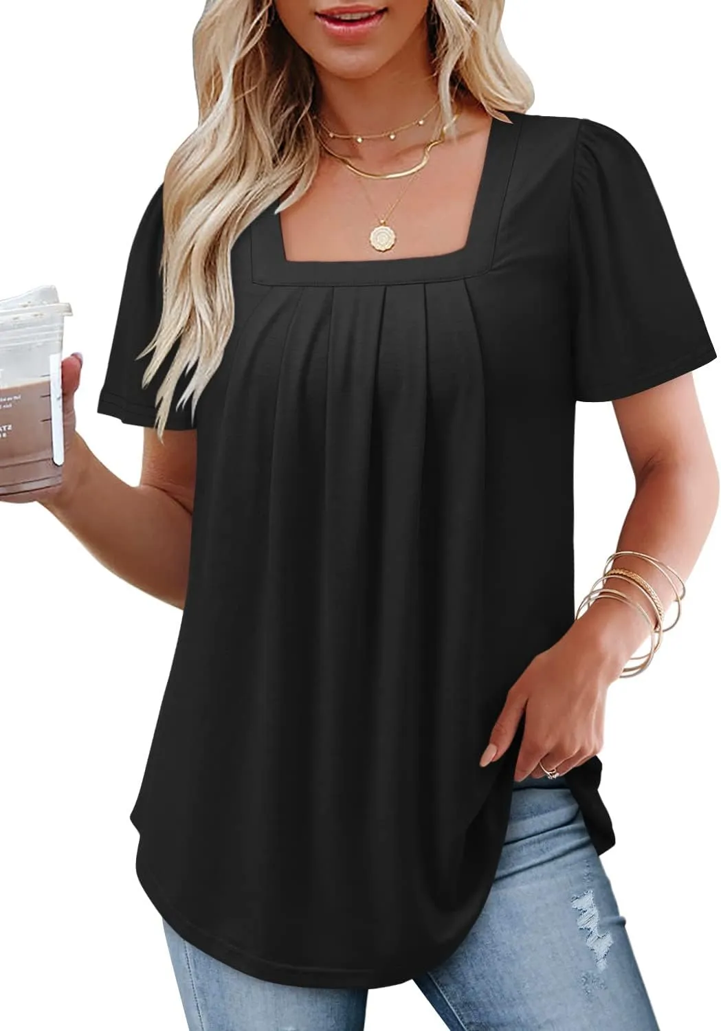 BETTE BOUTIK Womens Summer Tops Short Sleeve Pleated Square Neck Tunics Shirts Blouses S-3XL