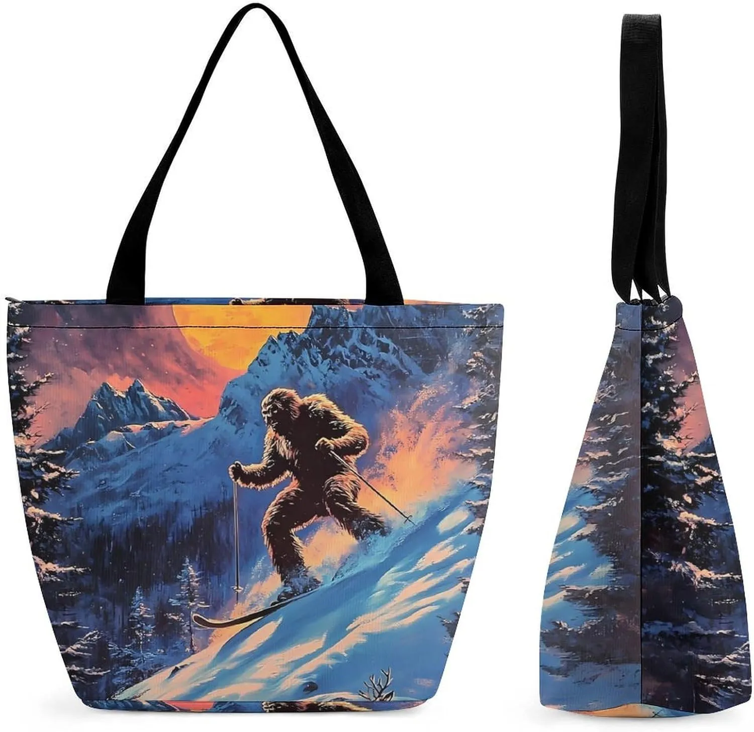 Bigfoot Skiing Deer Elks Women's Shopping Grocery Tote Bag Handbags Large Shoulder Bags Work Business Travel