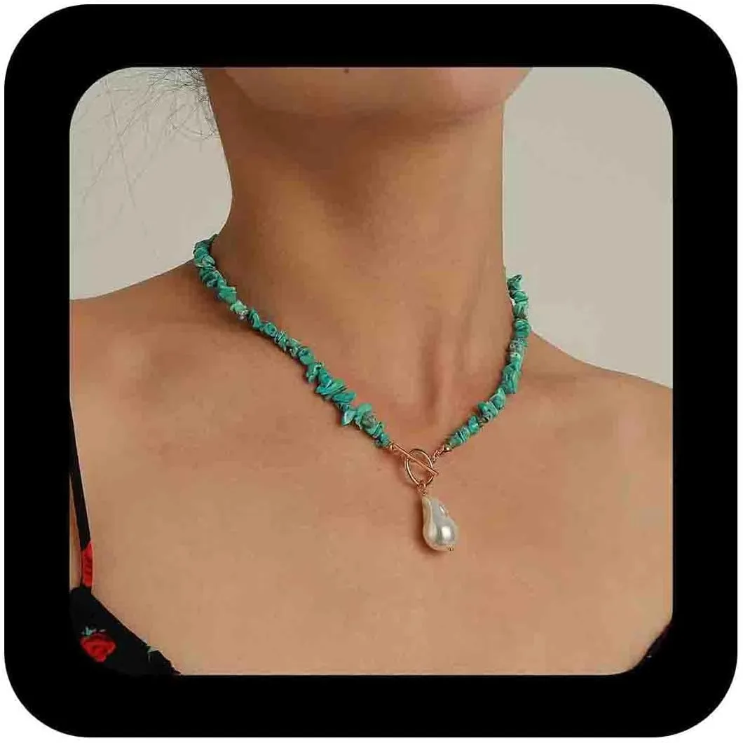 Blue Turquoise Beaded Necklace Chain Large Baroque Pearl Pendant Necklaces Pearl Toggle Clasp Necklace Created-Turquoise Choker Necklaces Jewelry for Women