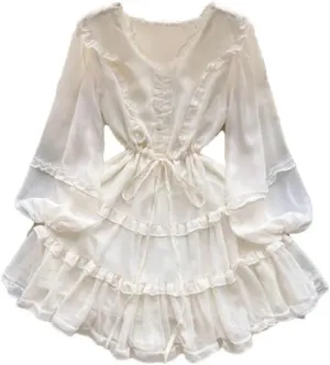 Bohemian Beach Dress Womens Elegant Short White Lace Up Ruffle Hem Layered Mesh Full Sleeve Summer Boho Mini Dress(X-Large Short)
