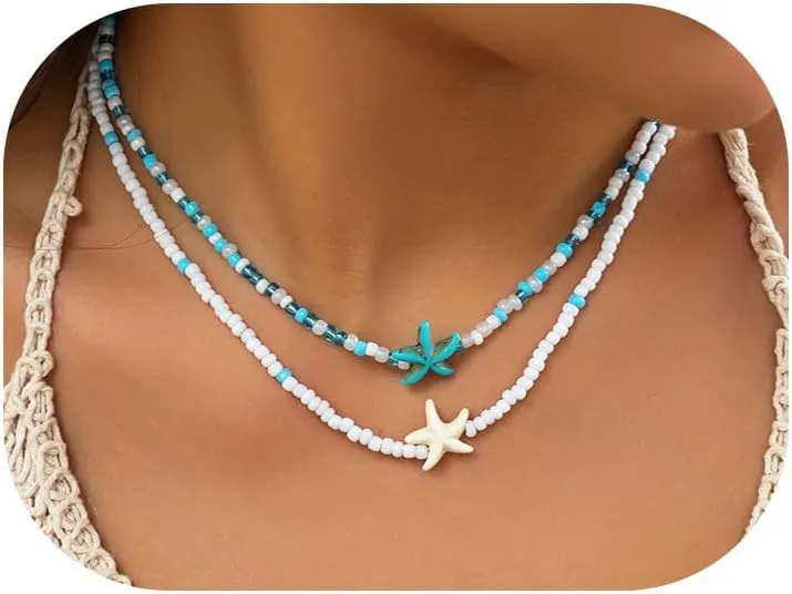 Bohemian Beaded Necklaces for Women Handmade Trendy Double Layered Colorful Beads Choker Necklace Cute Ocean Sea Shell Starfish Necklace Adjustable Beach Jewelry