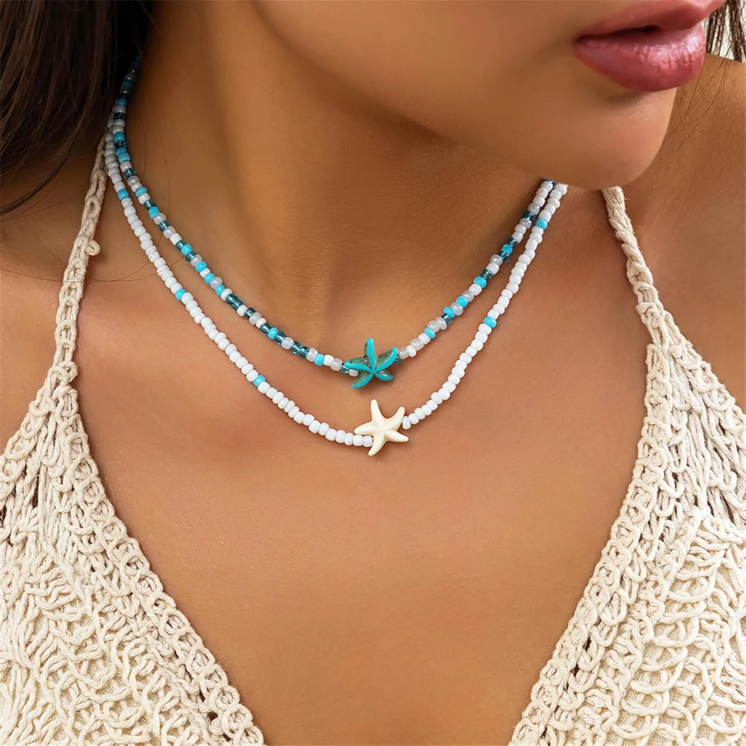 Bohemian Beaded Necklaces for Women Handmade Trendy Double Layered Colorful Beads Choker Necklace Cute Ocean Sea Shell Starfish Necklace Adjustable Beach Jewelry