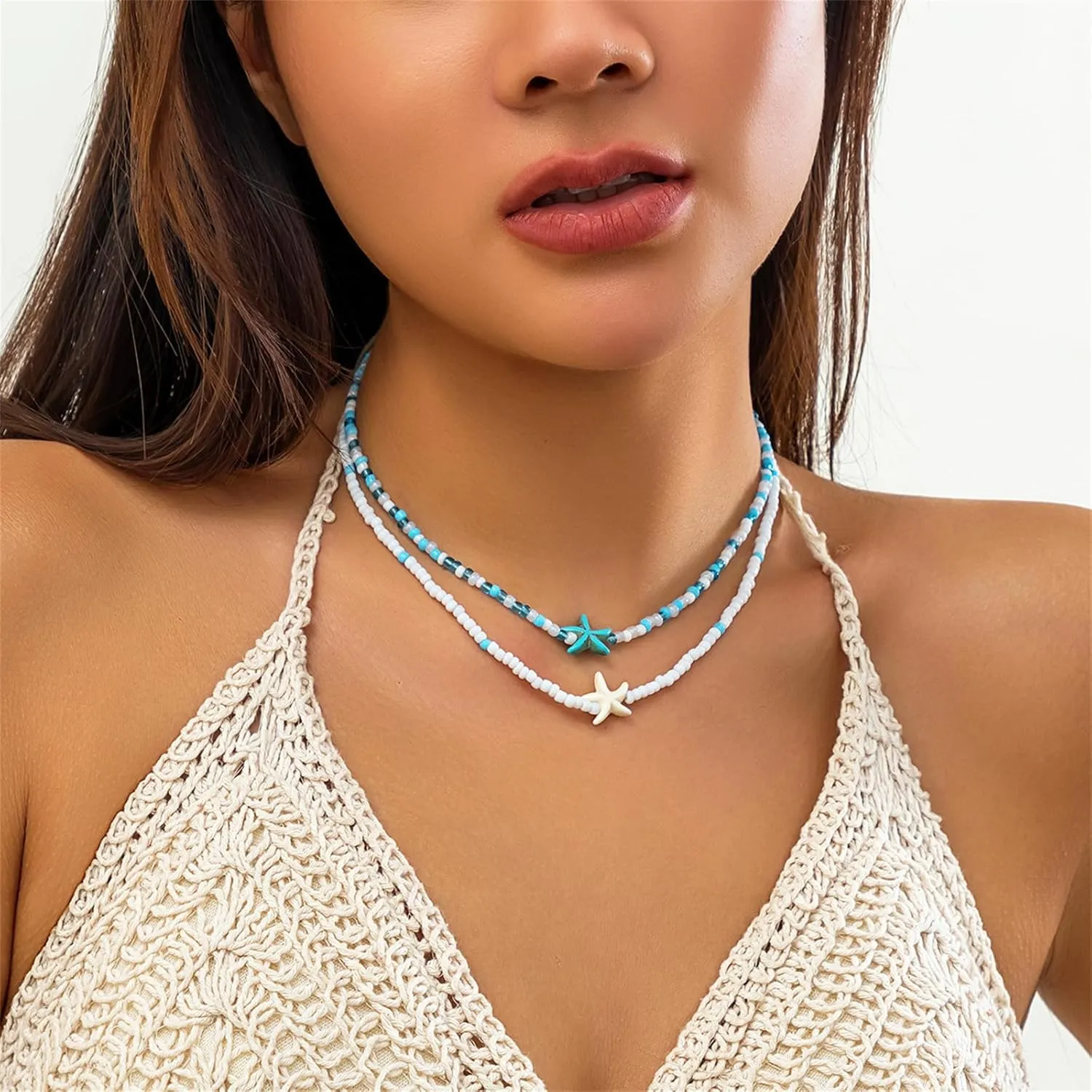 Bohemian Beaded Necklaces for Women Handmade Trendy Double Layered Colorful Beads Choker Necklace Cute Ocean Sea Shell Starfish Necklace Adjustable Beach Jewelry