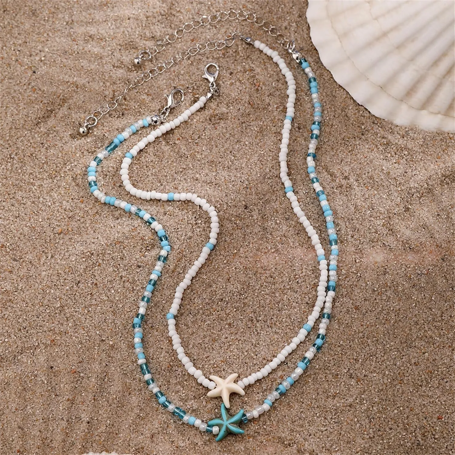 Bohemian Beaded Necklaces for Women Handmade Trendy Double Layered Colorful Beads Choker Necklace Cute Ocean Sea Shell Starfish Necklace Adjustable Beach Jewelry