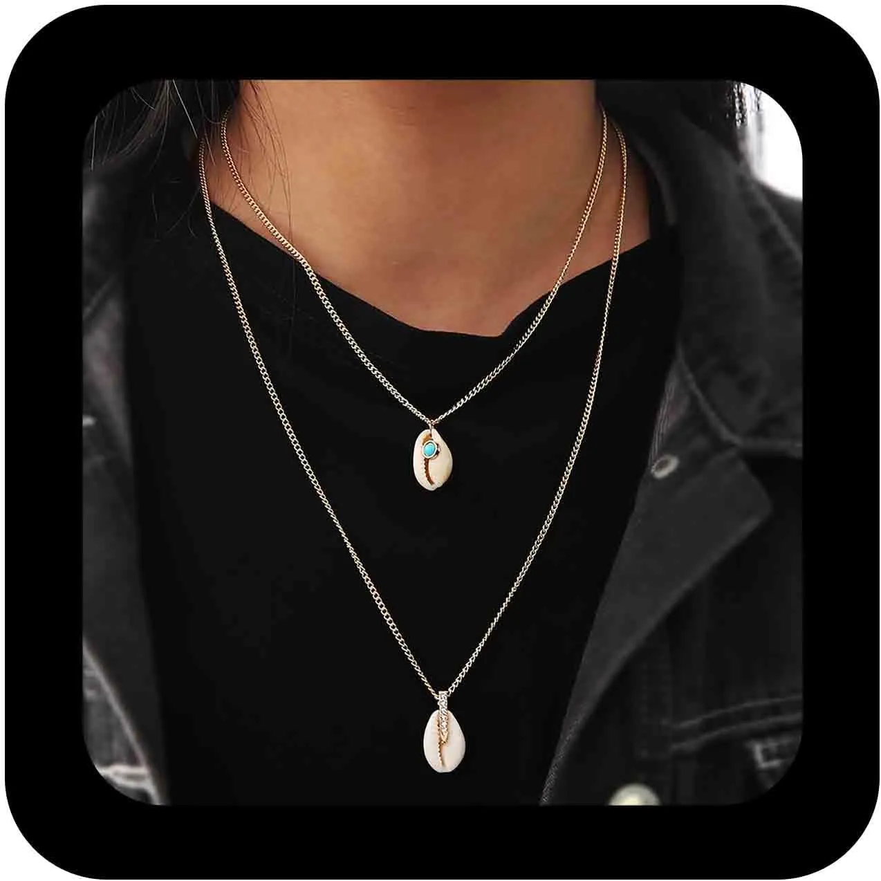 Bohemian Layered Shell Choker Necklace Gold Crystal Shell Pendant Necklace Long Cowrie Shell Chain Necklace Turquoise Stone Shell Necklace Jewelry for Women