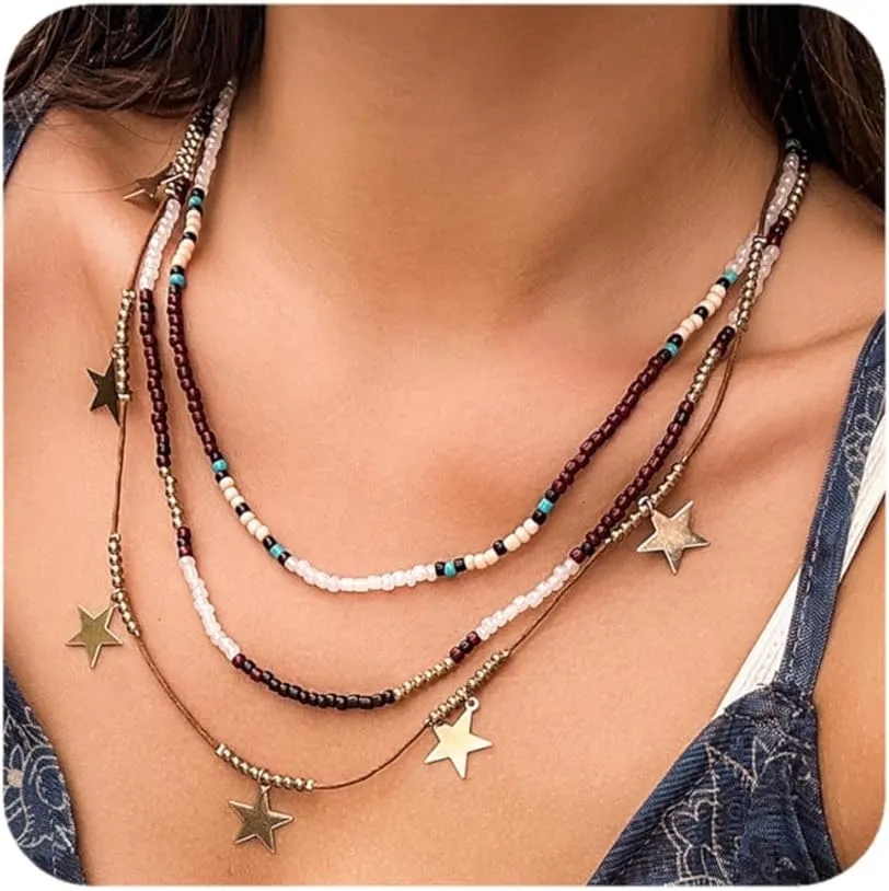 Boho Multi-Layered Beaded Choker Necklace for Women - Star and Coin Pendant Layering Necklaces