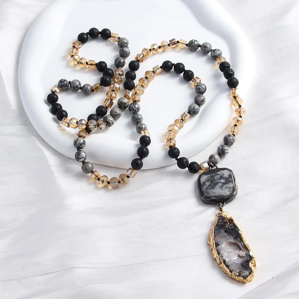 Boho Necklaces for Women Men Long,33/34/35 Inch Natural Jasper Agate Tiger Eye Beaded Stone Pendant Necklaces for Women Trendy,Handmade Bohemian Western Bead Necklace Fashion Charm Jewelry Gift