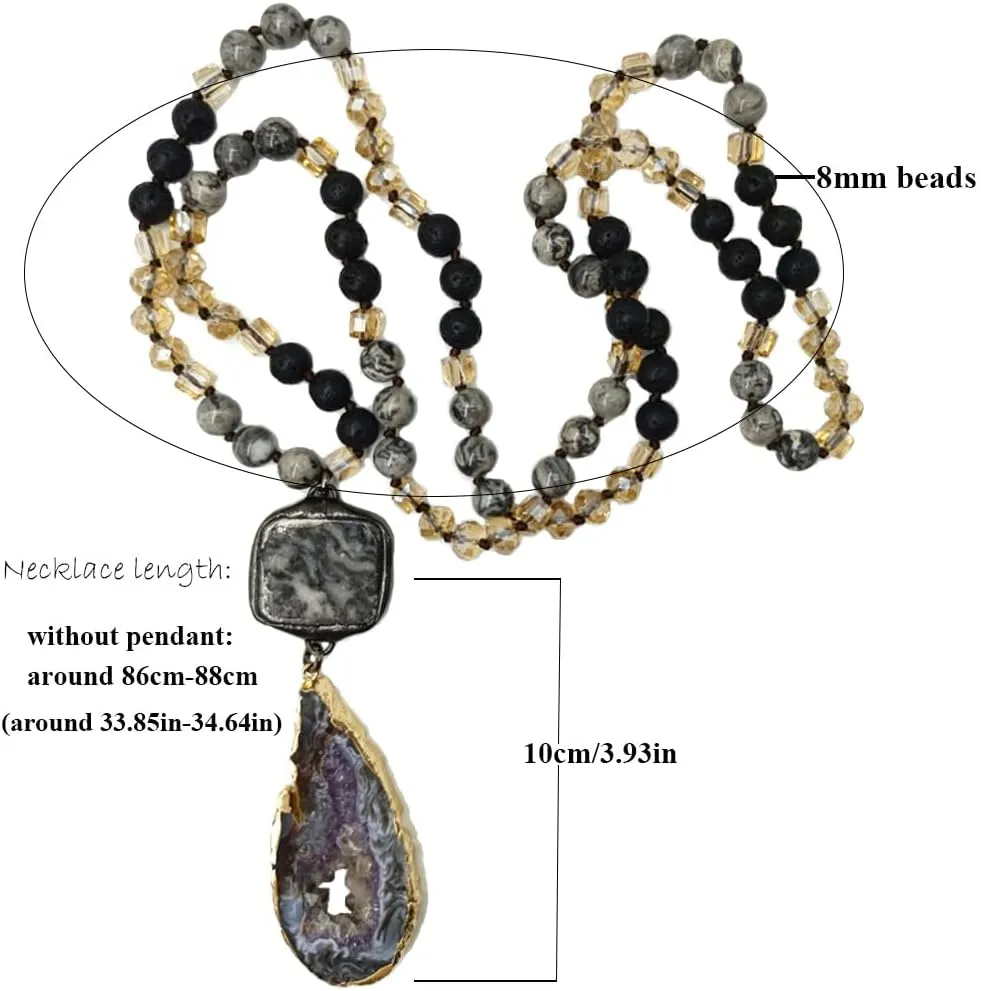 Boho Necklaces for Women Men Long,33/34/35 Inch Natural Jasper Agate Tiger Eye Beaded Stone Pendant Necklaces for Women Trendy,Handmade Bohemian Western Bead Necklace Fashion Charm Jewelry Gift