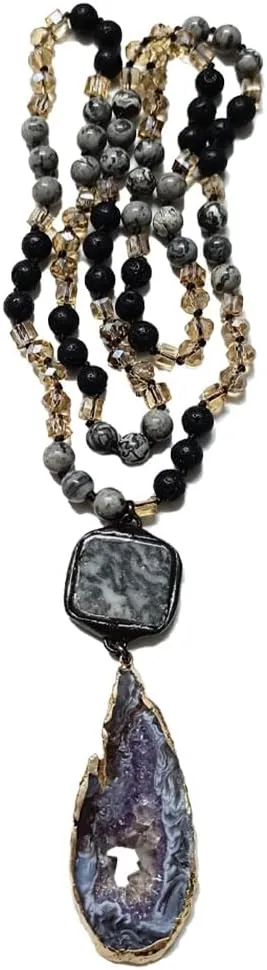 Boho Necklaces for Women Men Long,33/34/35 Inch Natural Jasper Agate Tiger Eye Beaded Stone Pendant Necklaces for Women Trendy,Handmade Bohemian Western Bead Necklace Fashion Charm Jewelry Gift