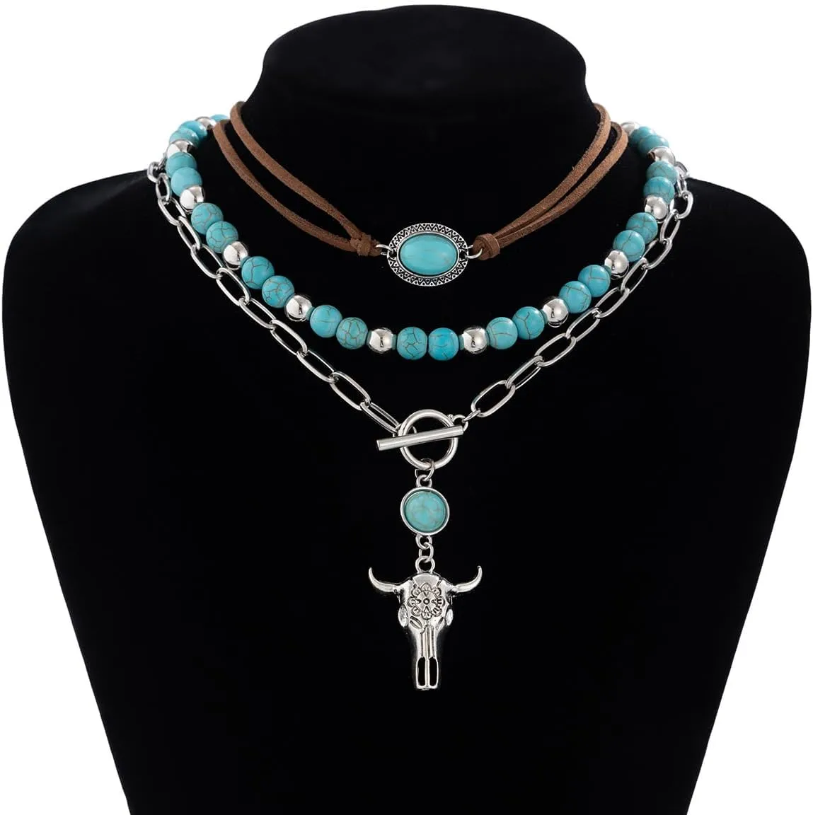 Boho Western Turquoise Beaded Choker Necklaces Vintage Turquoise Leather Collar Necklaces Layered Western Necklaces