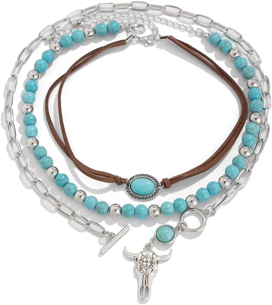 Boho Western Turquoise Beaded Choker Necklaces Vintage Turquoise Leather Collar Necklaces Layered Western Necklaces