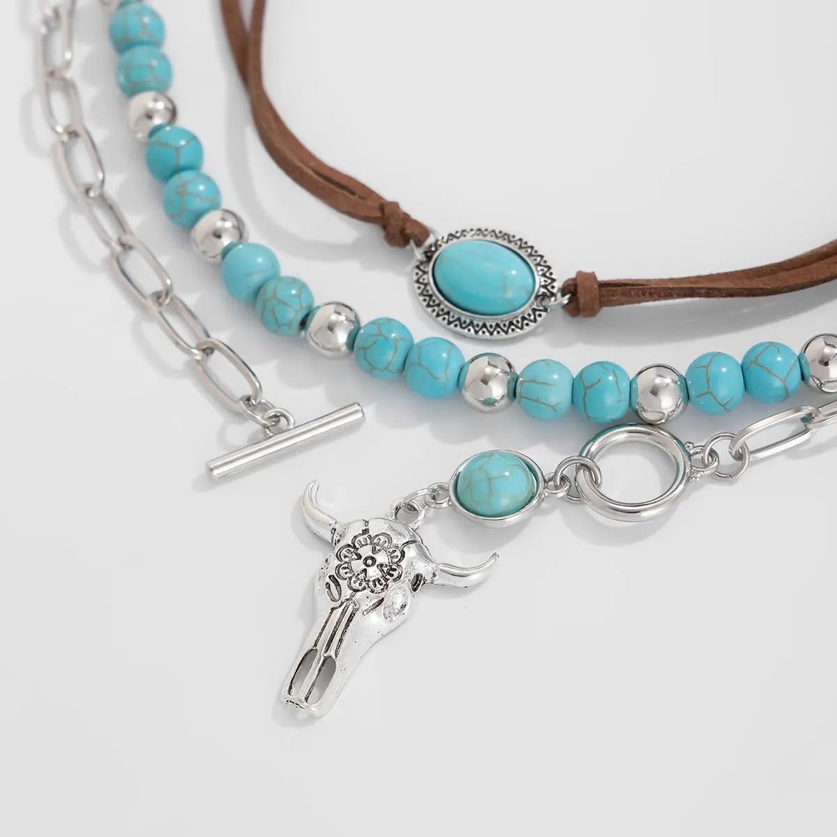 Boho Western Turquoise Beaded Choker Necklaces Vintage Turquoise Leather Collar Necklaces Layered Western Necklaces