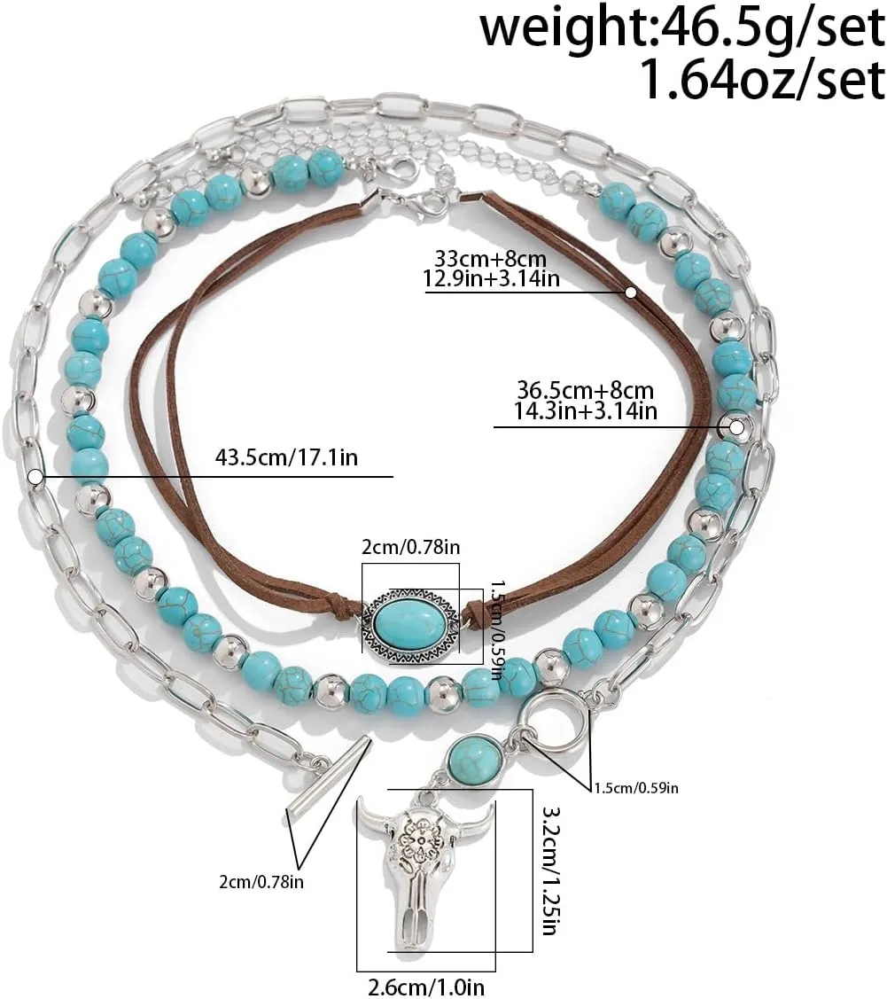 Boho Western Turquoise Beaded Choker Necklaces Vintage Turquoise Leather Collar Necklaces Layered Western Necklaces
