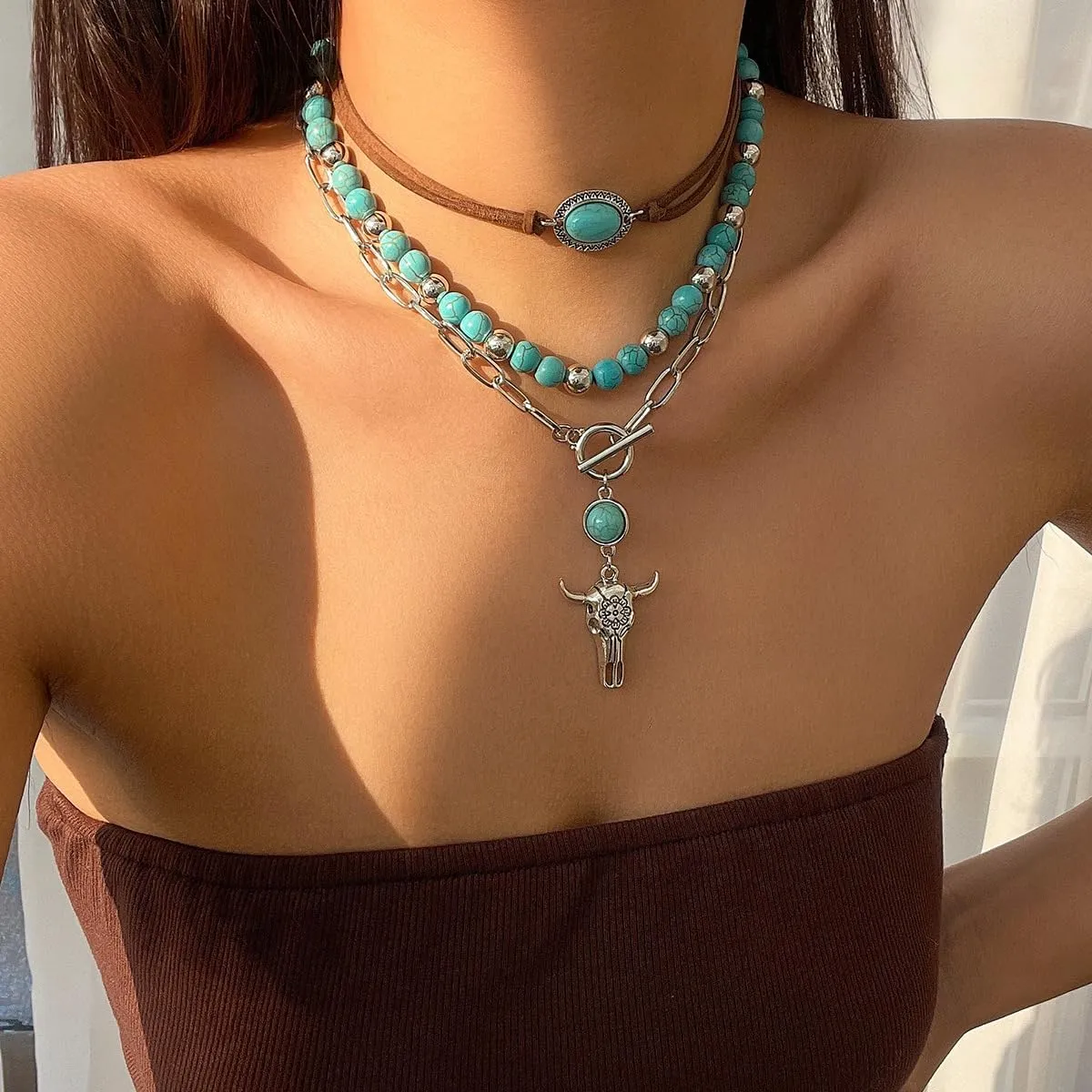 Boho Western Turquoise Beaded Choker Necklaces Vintage Turquoise Leather Collar Necklaces Layered Western Necklaces