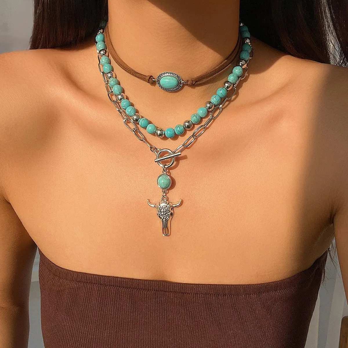 Boho Western Turquoise Beaded Choker Necklaces Vintage Turquoise Leather Collar Necklaces Layered Western Necklaces