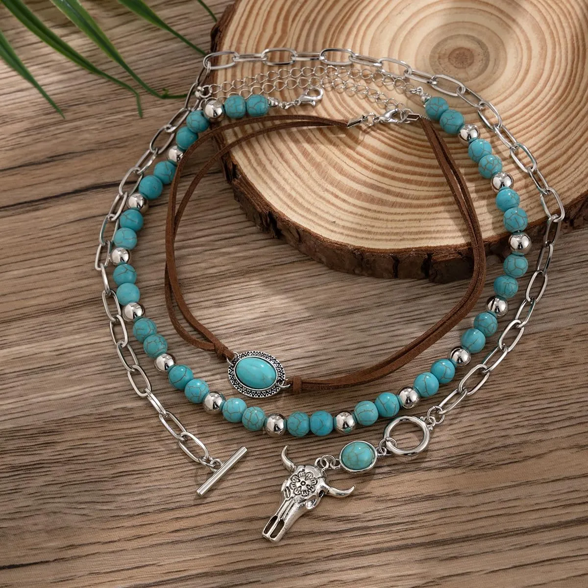 Boho Western Turquoise Beaded Choker Necklaces Vintage Turquoise Leather Collar Necklaces Layered Western Necklaces