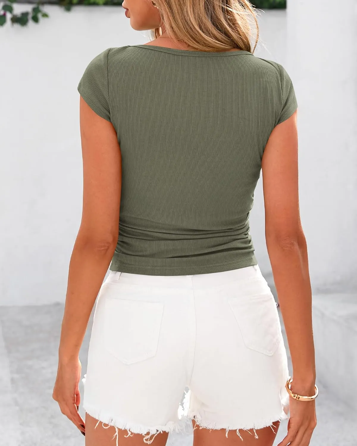 BTFBM Womens Basic Ribbed T Shirts Crew Neck Short Sleeve Stretchy Ruched Slim Fit Workout Going Out Summer Tops