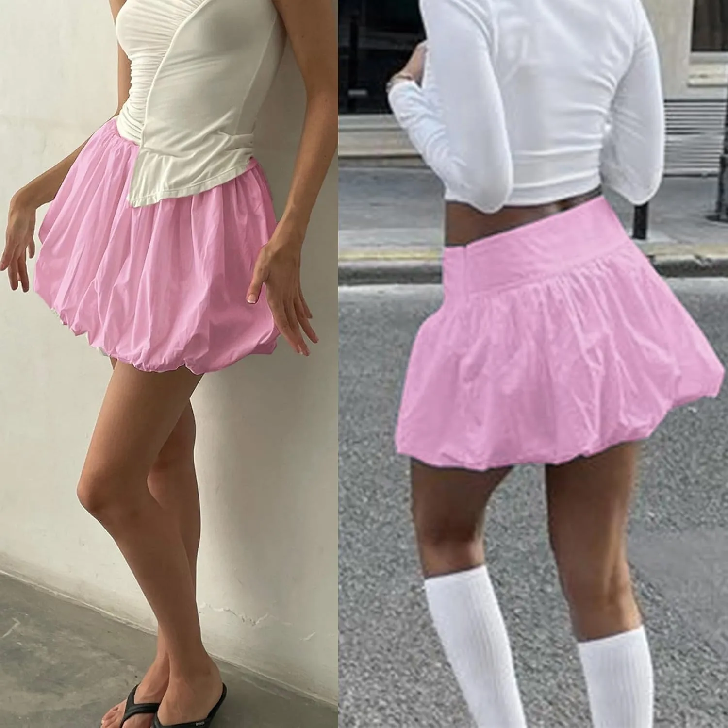 Bubble Skirts for Women Casual Pleated Ruffle Hem A Line Mini Skirt Y2K Puffy Skirts Streetwear