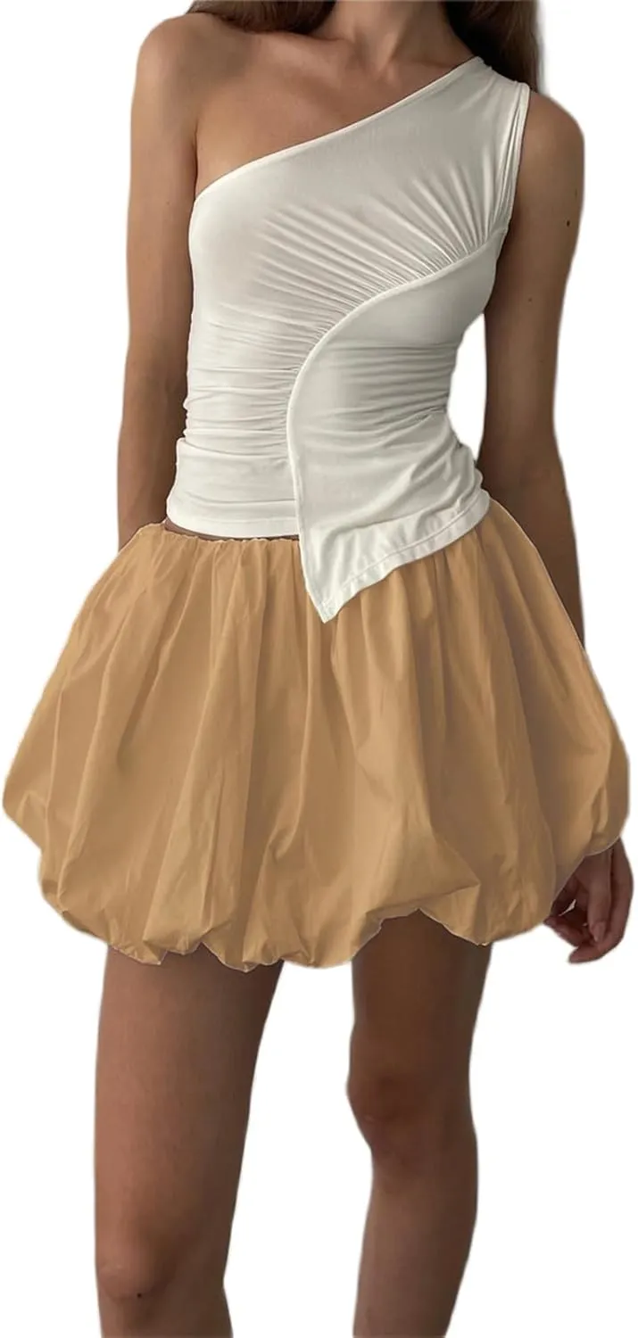 Bubble Skirts for Women Casual Pleated Ruffle Hem A Line Mini Skirt Y2K Puffy Skirts Streetwear