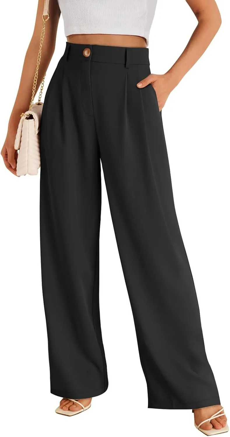 Business Work Pant for Women Fashion Dressy Wide Leg Pants Button Down High Waisted Pant Office Trousers with Pockets
