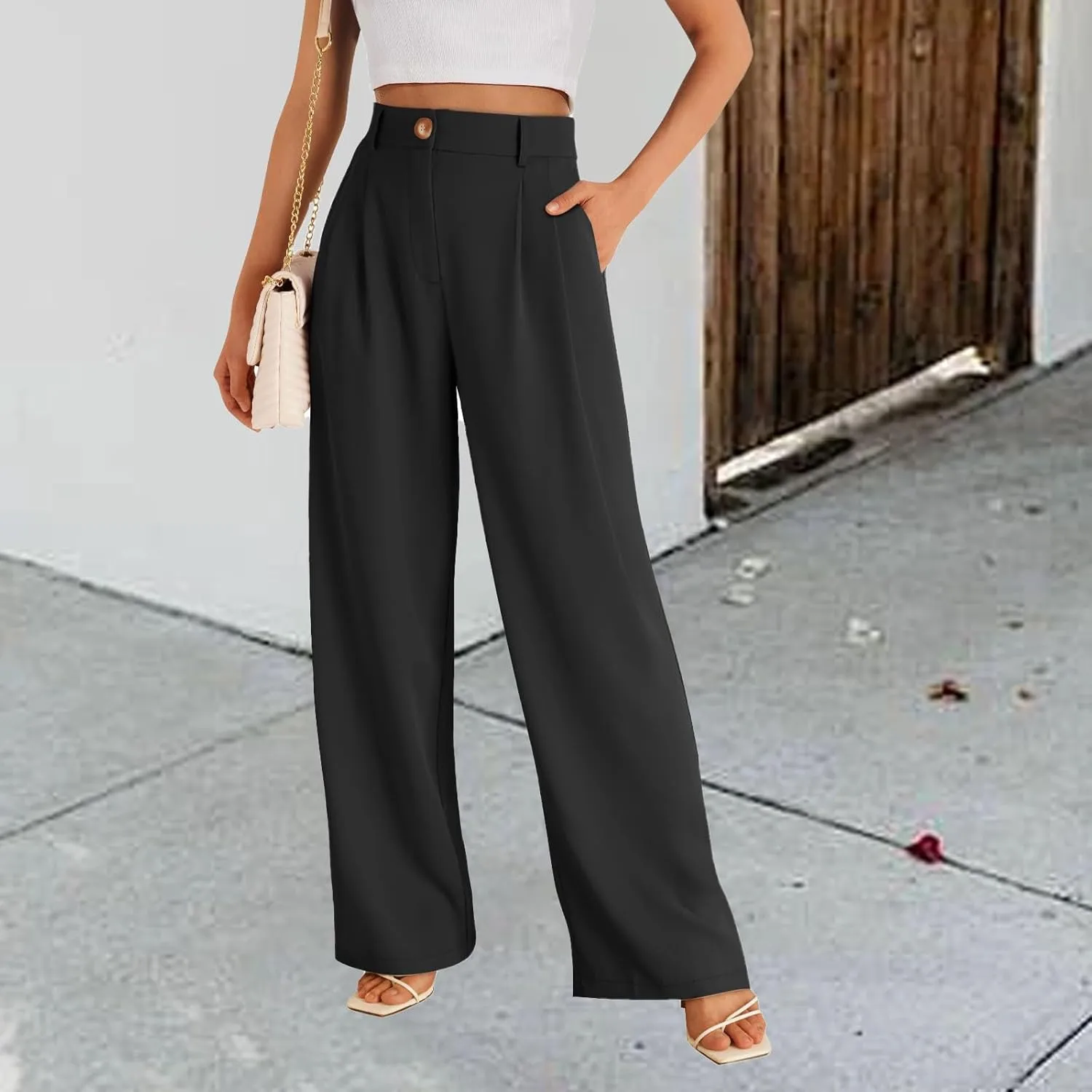 Business Work Pant for Women Fashion Dressy Wide Leg Pants Button Down High Waisted Pant Office Trousers with Pockets