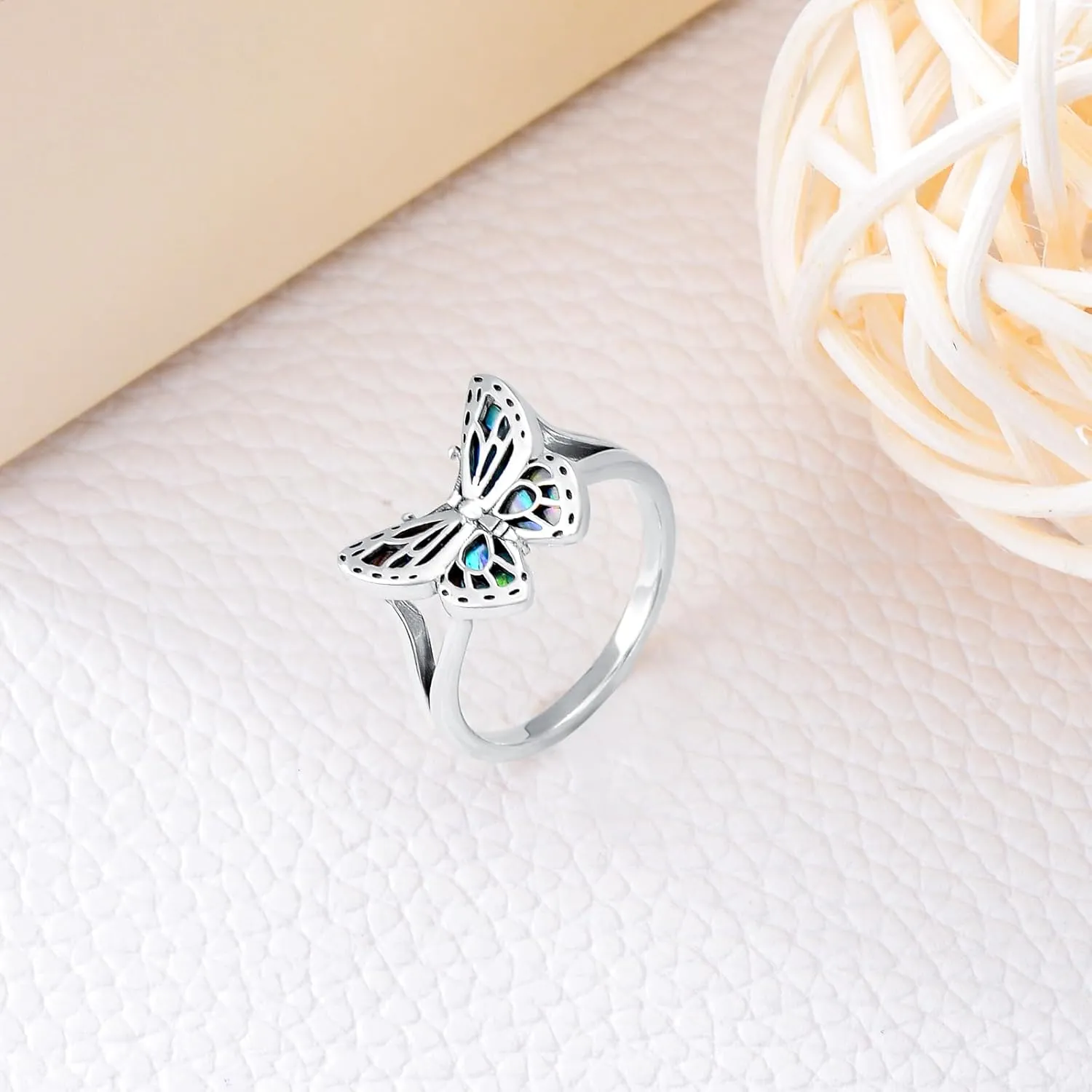Butterfly Ring for Women 925 Sterling Silver Abalone Shell Ring Unique Handmade Statement Jewelry Elegant Christmas Birthday Gift for Her