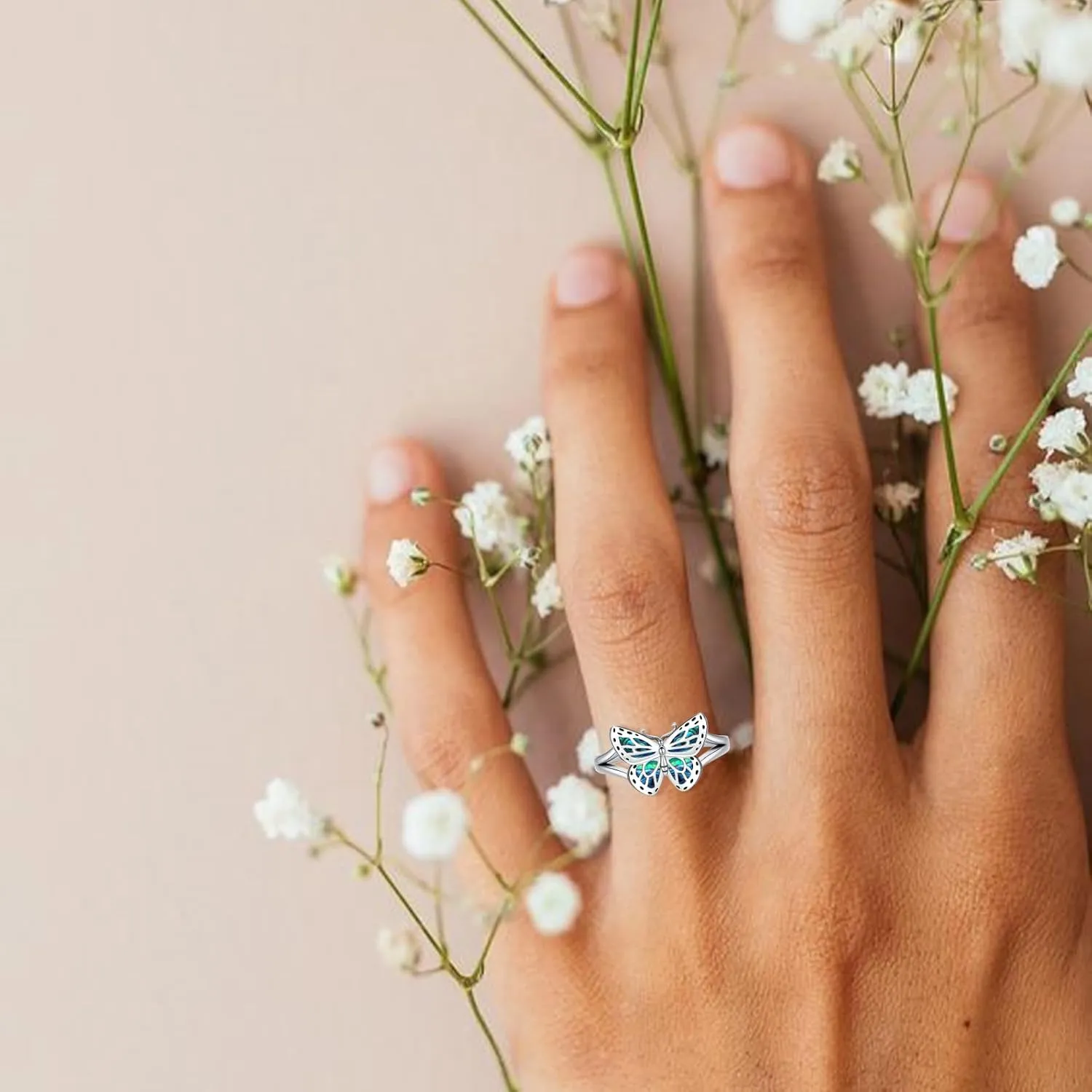 Butterfly Ring for Women 925 Sterling Silver Abalone Shell Ring Unique Handmade Statement Jewelry Elegant Christmas Birthday Gift for Her