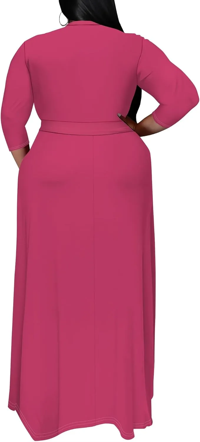 BXBY Women's 3/4 Sleeve A-line V Collar Flare Midi Long Dress Plus Size T Shirt Casual Dresses