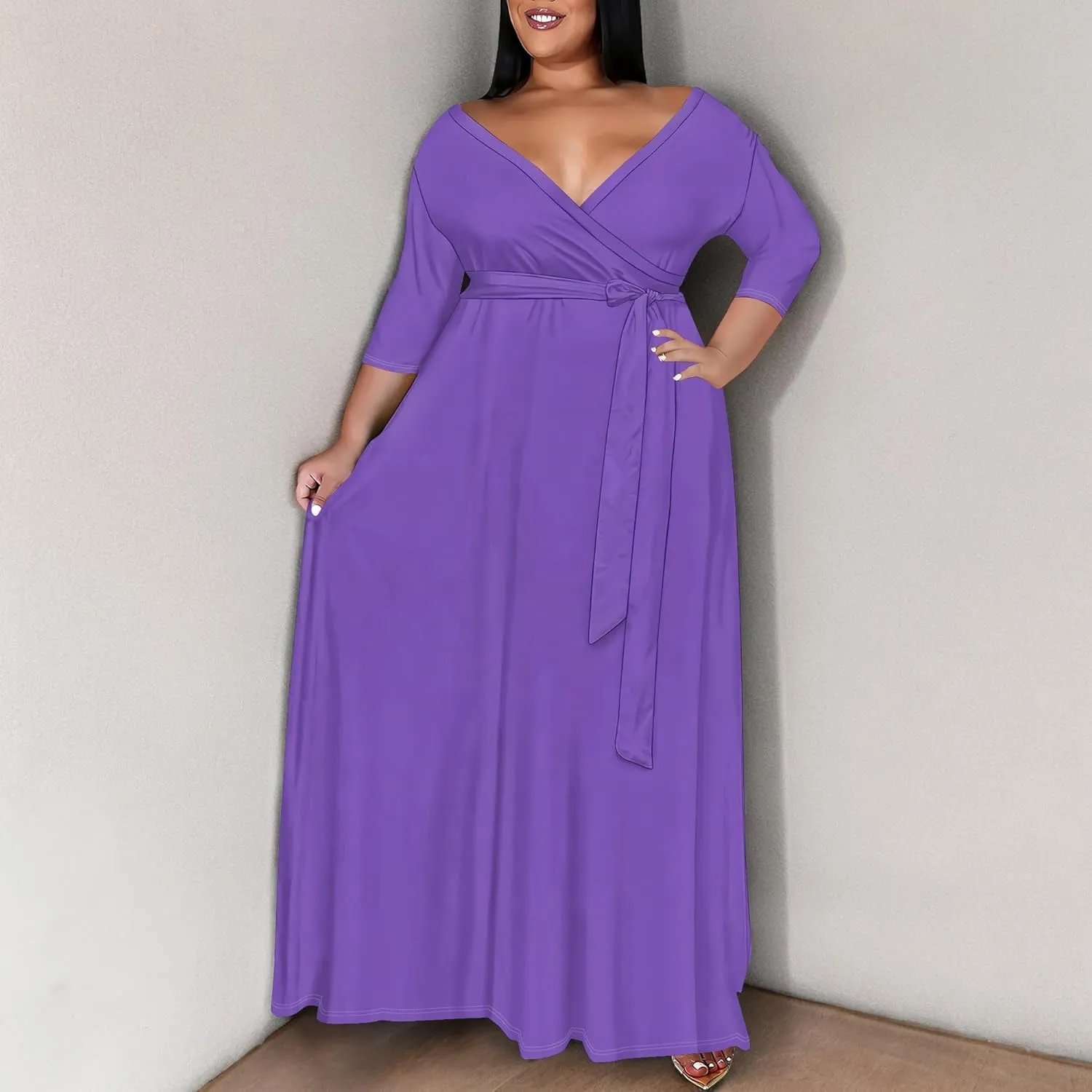 BXBY Women's 3/4 Sleeve A-line V Collar Flare Midi Long Dress Plus Size T Shirt Casual Dresses