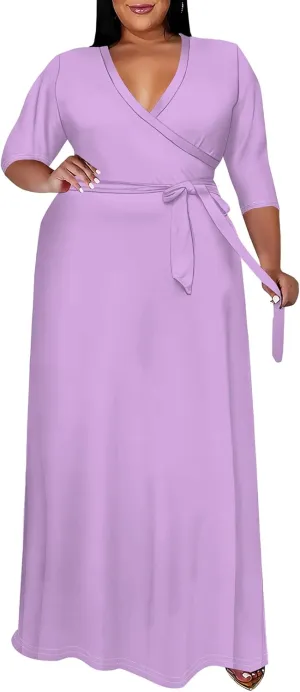 BXBY Women's 3/4 Sleeve A-line V Collar Flare Midi Long Dress Plus Size T Shirt Casual Dresses