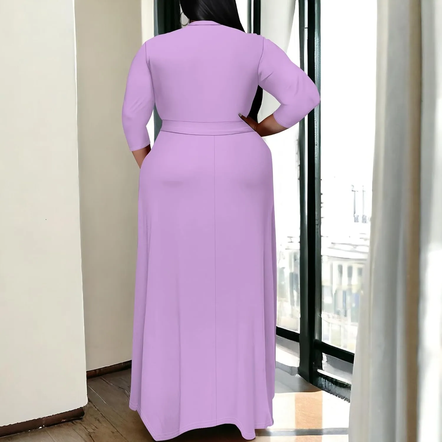 BXBY Women's 3/4 Sleeve A-line V Collar Flare Midi Long Dress Plus Size T Shirt Casual Dresses