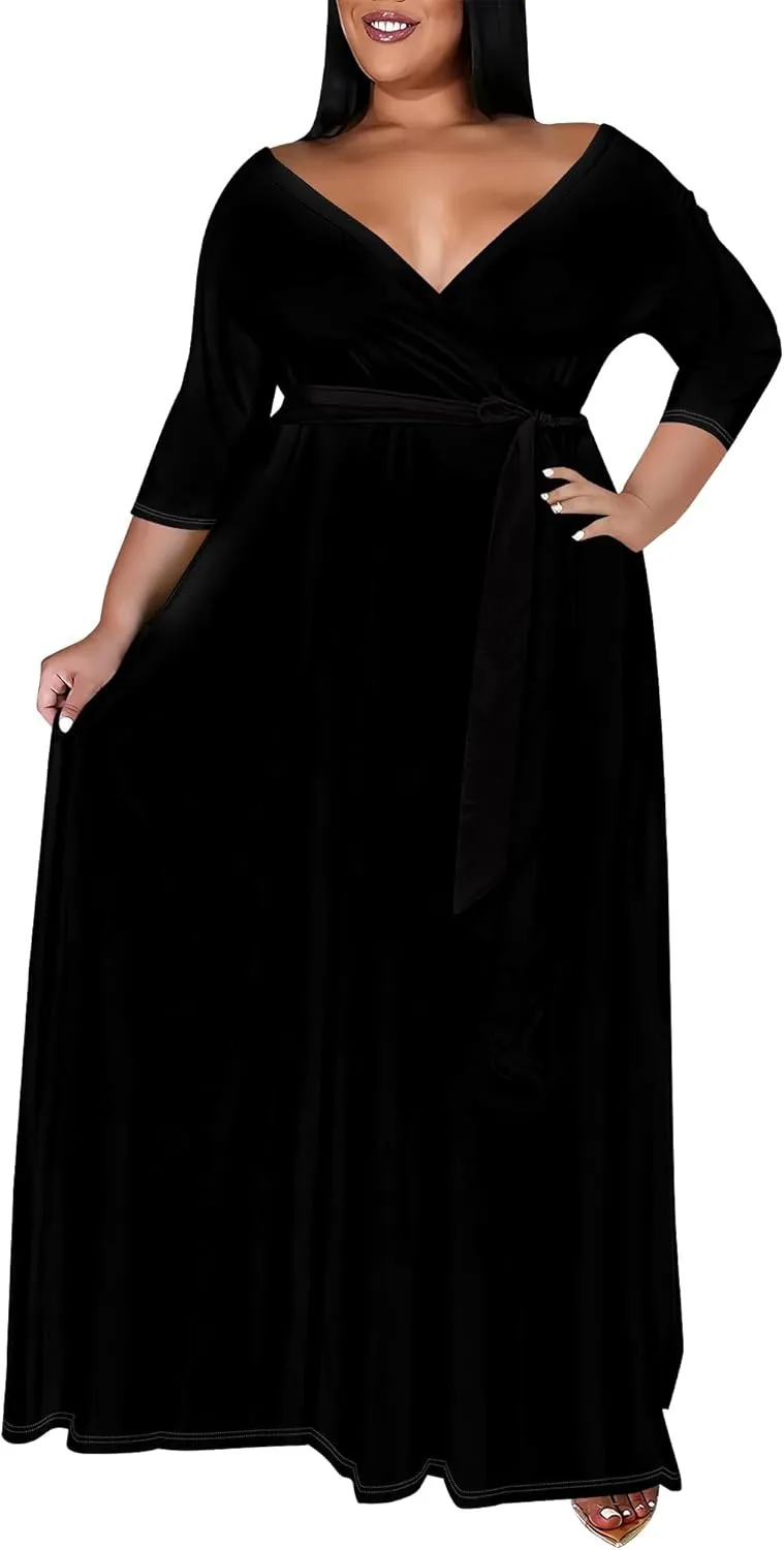 BXBY Women's 3/4 Sleeve A-line V Collar Flare Midi Long Dress Plus Size T Shirt Casual Dresses
