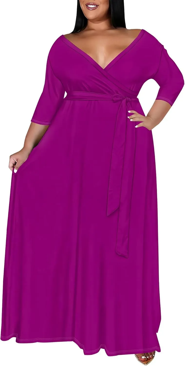 BXBY Women's 3/4 Sleeve A-line V Collar Flare Midi Long Dress Plus Size T Shirt Casual Dresses
