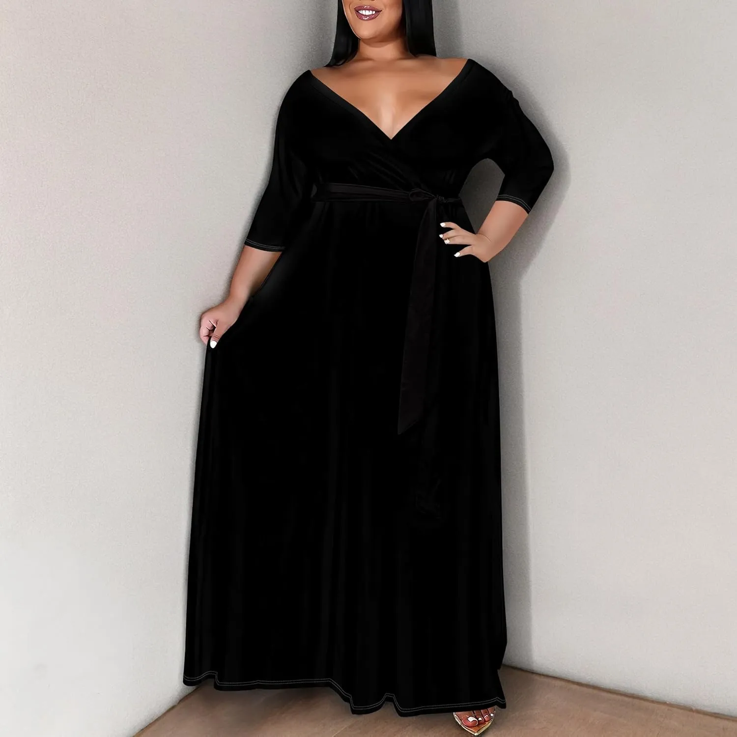 BXBY Women's 3/4 Sleeve A-line V Collar Flare Midi Long Dress Plus Size T Shirt Casual Dresses