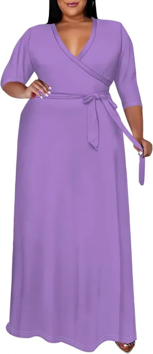 BXBY Women's 3/4 Sleeve A-line V Collar Flare Midi Long Dress Plus Size T Shirt Casual Dresses