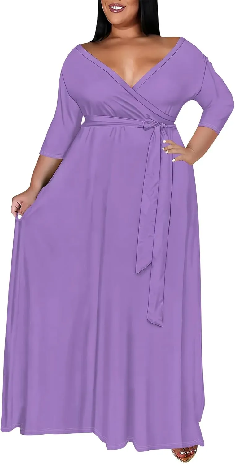 BXBY Women's 3/4 Sleeve A-line V Collar Flare Midi Long Dress Plus Size T Shirt Casual Dresses