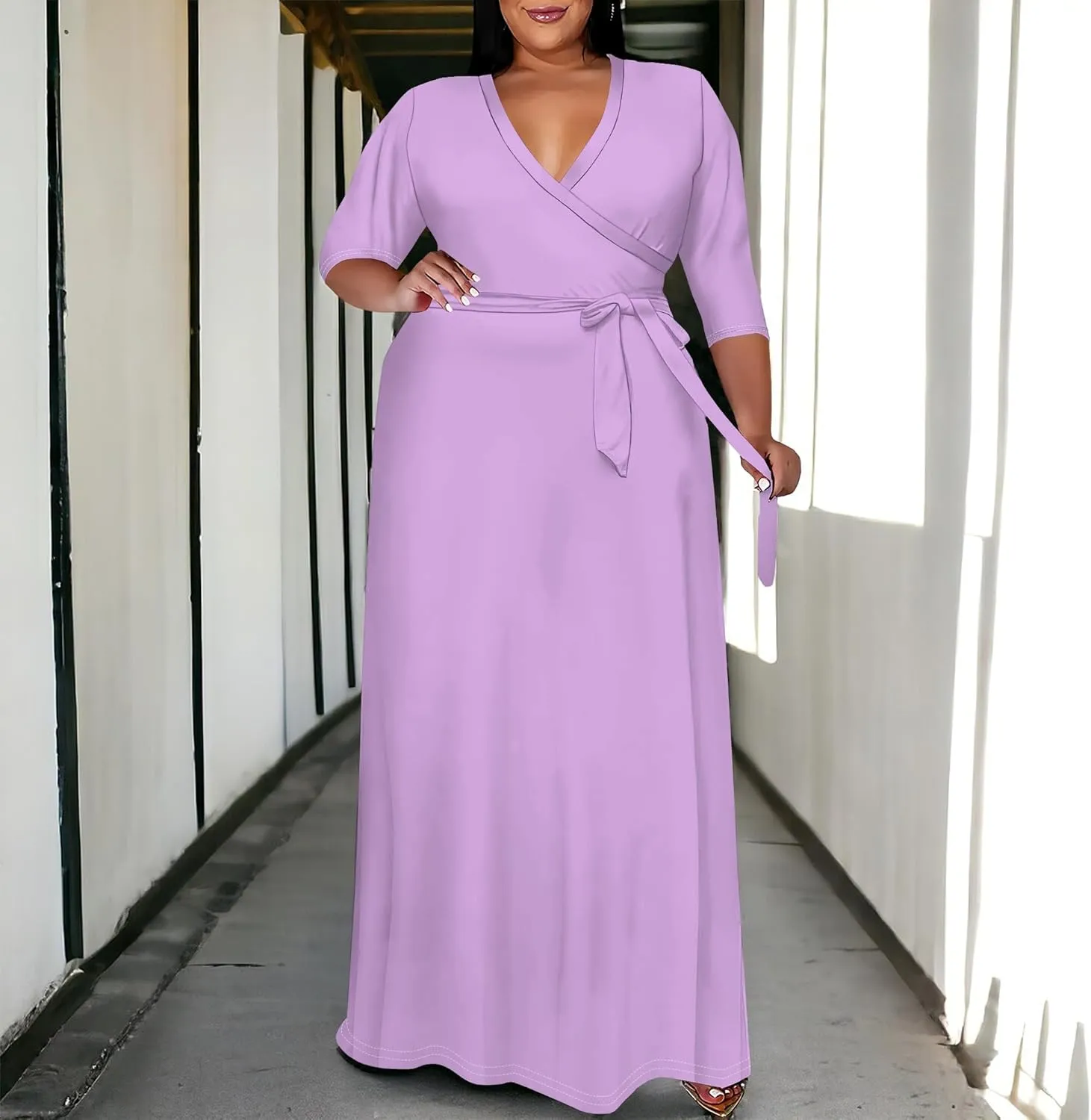 BXBY Women's 3/4 Sleeve A-line V Collar Flare Midi Long Dress Plus Size T Shirt Casual Dresses