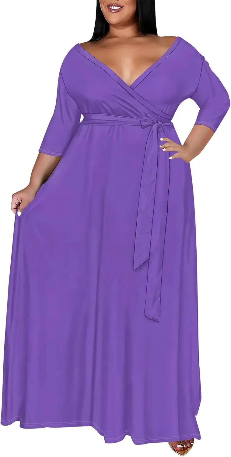 BXBY Women's 3/4 Sleeve A-line V Collar Flare Midi Long Dress Plus Size T Shirt Casual Dresses