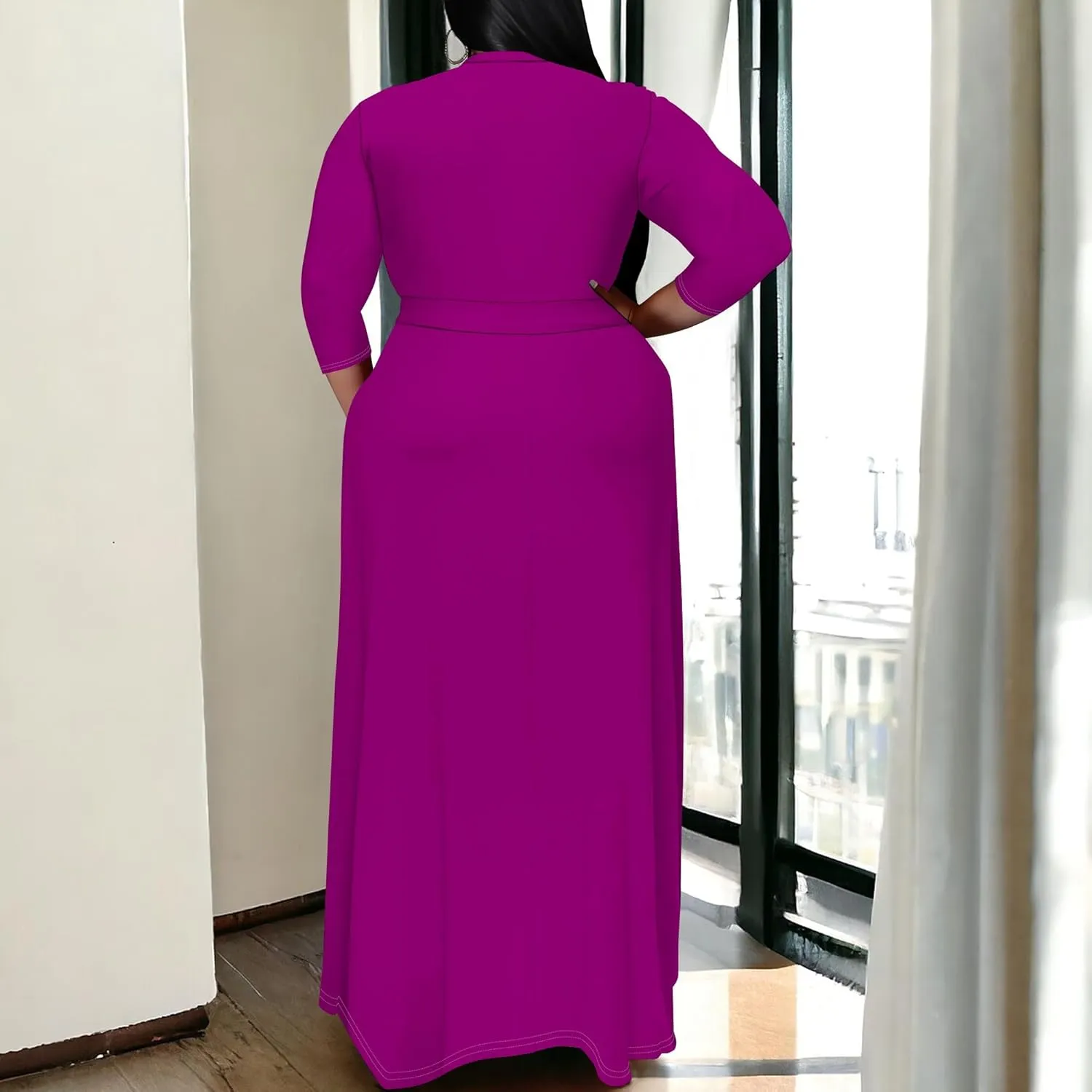 BXBY Women's 3/4 Sleeve A-line V Collar Flare Midi Long Dress Plus Size T Shirt Casual Dresses