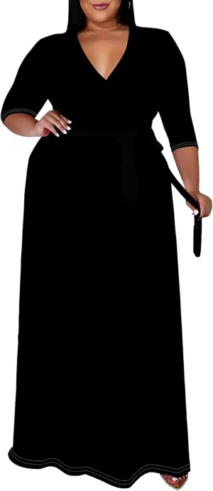 BXBY Women's 3/4 Sleeve A-line V Collar Flare Midi Long Dress Plus Size T Shirt Casual Dresses