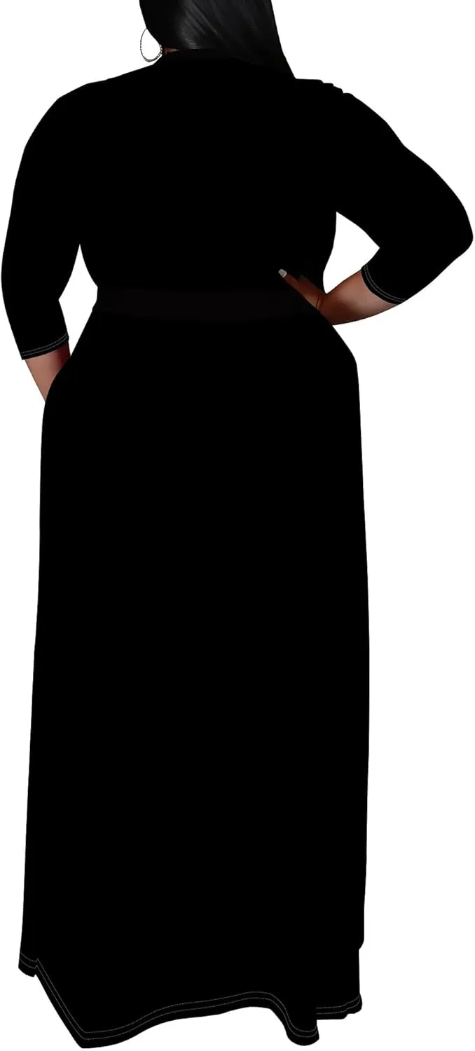 BXBY Women's 3/4 Sleeve A-line V Collar Flare Midi Long Dress Plus Size T Shirt Casual Dresses