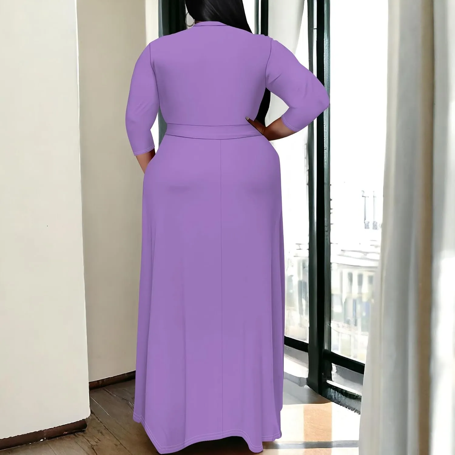 BXBY Women's 3/4 Sleeve A-line V Collar Flare Midi Long Dress Plus Size T Shirt Casual Dresses