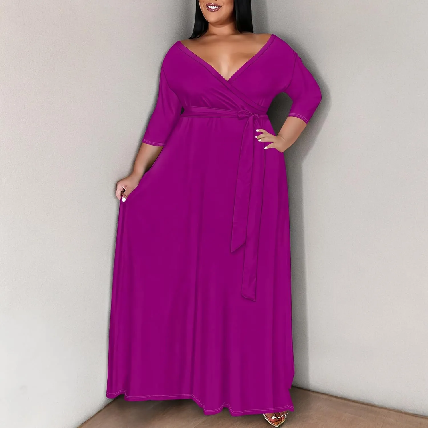 BXBY Women's 3/4 Sleeve A-line V Collar Flare Midi Long Dress Plus Size T Shirt Casual Dresses