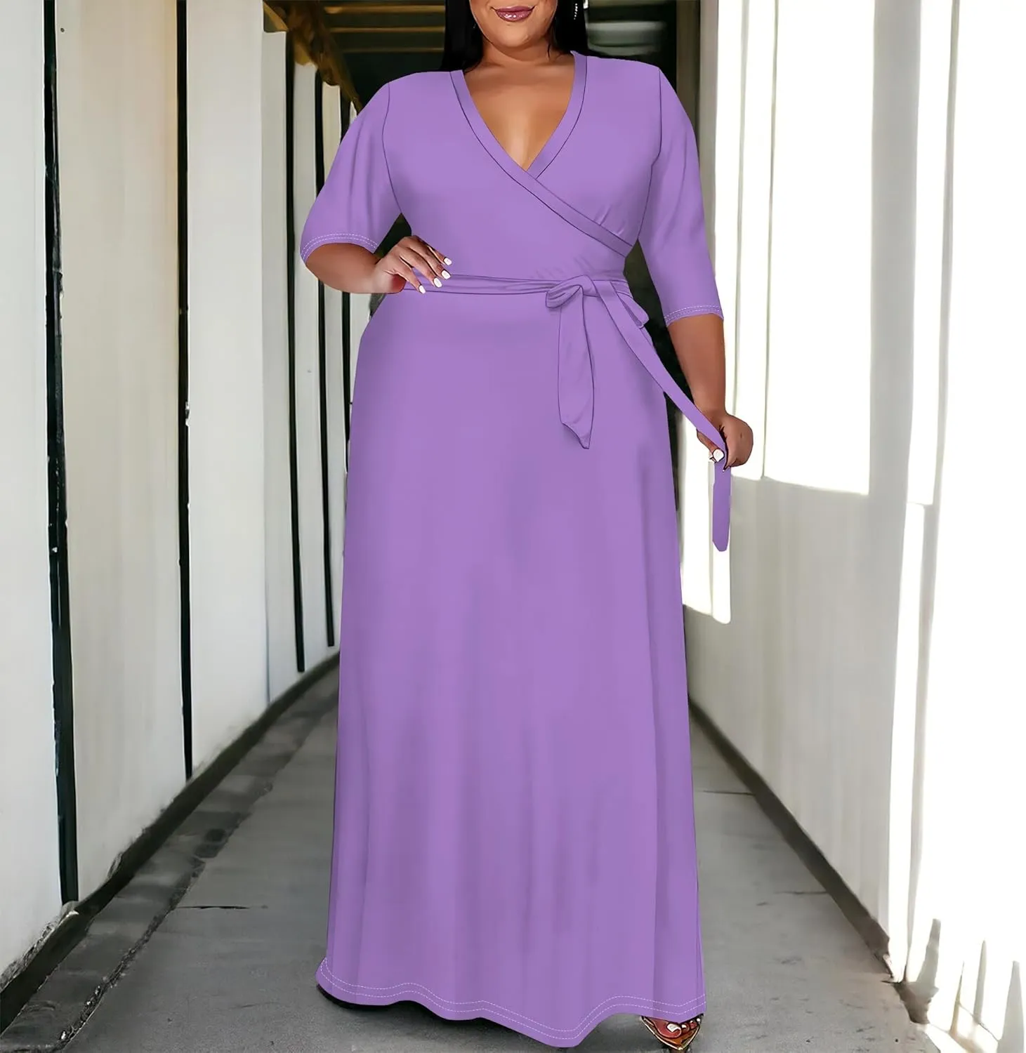 BXBY Women's 3/4 Sleeve A-line V Collar Flare Midi Long Dress Plus Size T Shirt Casual Dresses