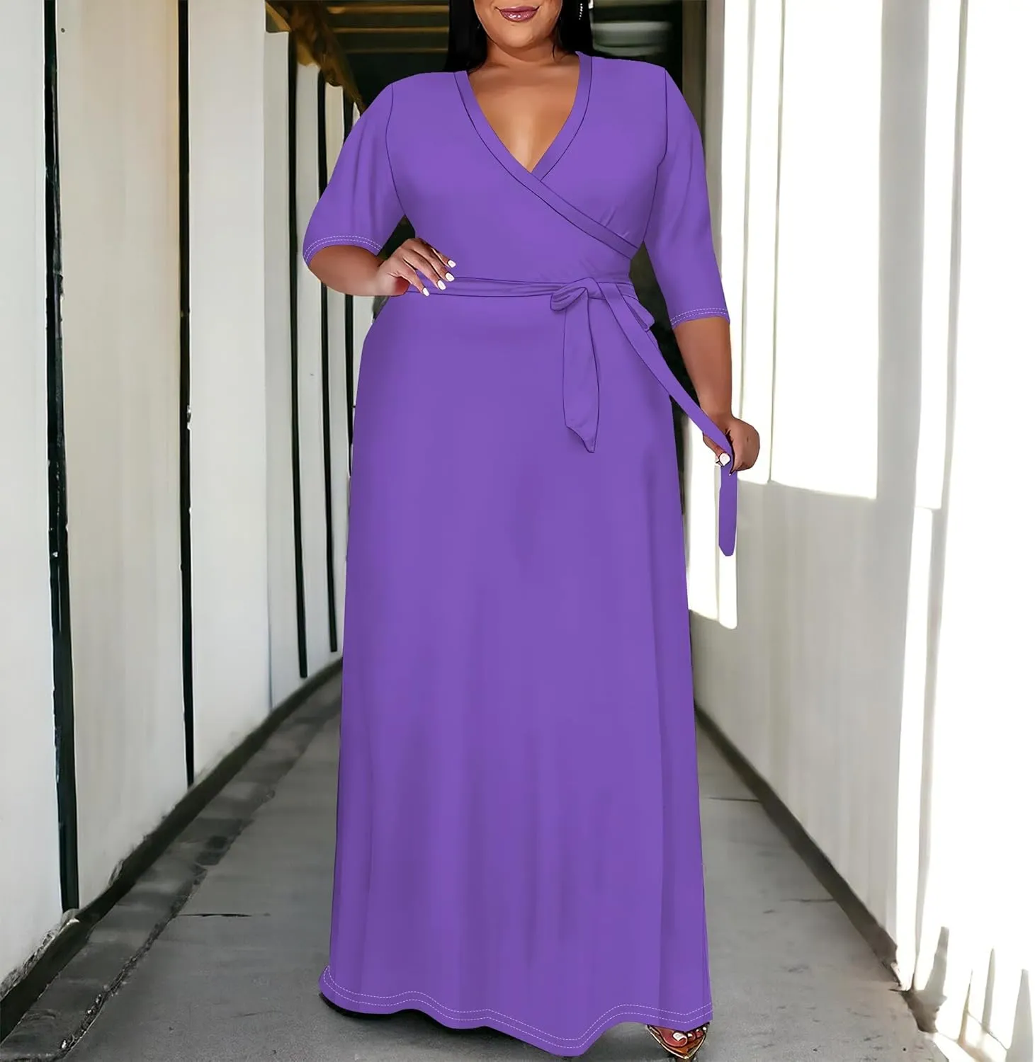 BXBY Women's 3/4 Sleeve A-line V Collar Flare Midi Long Dress Plus Size T Shirt Casual Dresses