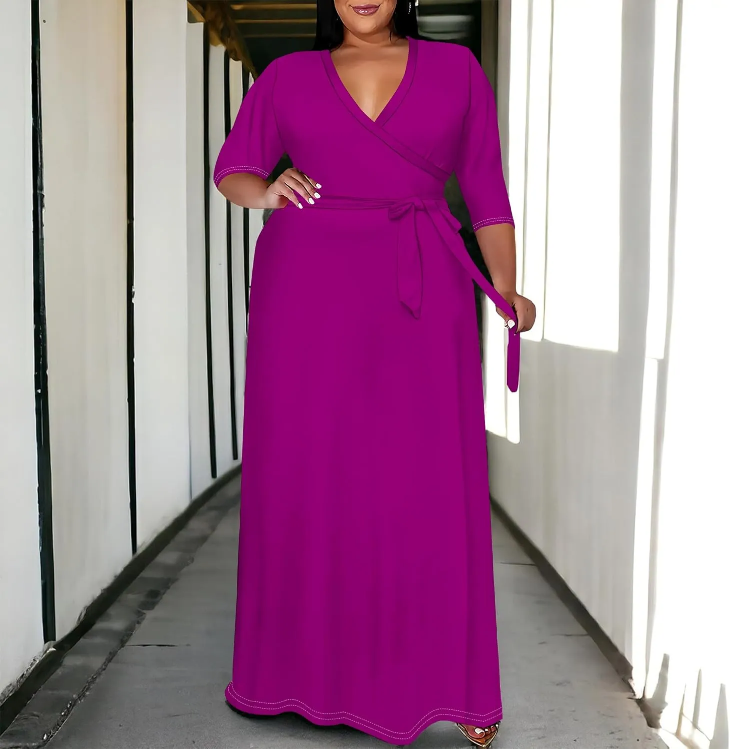 BXBY Women's 3/4 Sleeve A-line V Collar Flare Midi Long Dress Plus Size T Shirt Casual Dresses