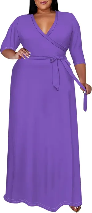 BXBY Women's 3/4 Sleeve A-line V Collar Flare Midi Long Dress Plus Size T Shirt Casual Dresses